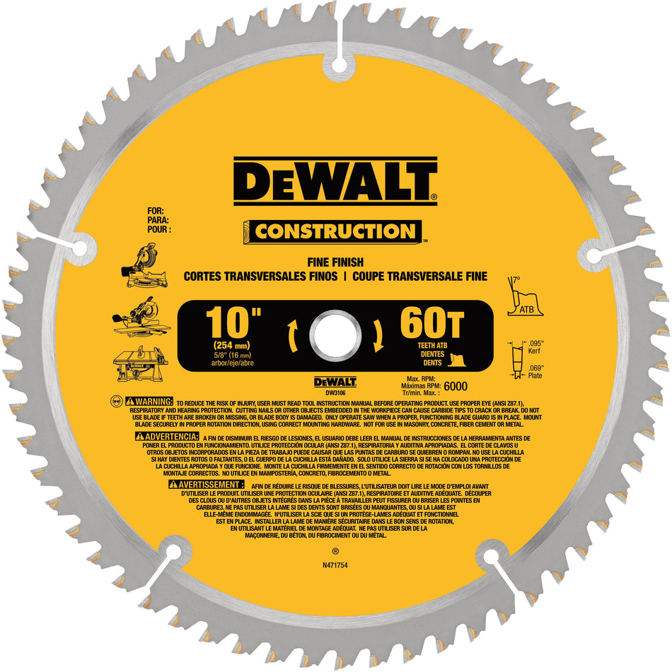 DeWALT® Construction™ DW3106 Miter/Table Saw Blade, 10 in Dia, 0.095 in W Cutting, 5/8 in Arbor Hole, 60-Teeth