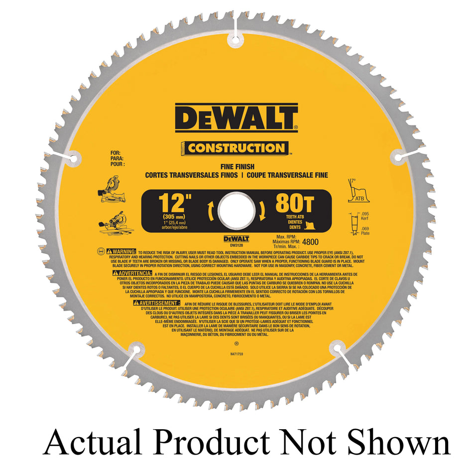 DeWALT® Construction™ DW3128P5 Miter Saw Blade, 12 in Dia, 0.095 in W Cutting, 1 in Arbor Hole, 32/80-Teeth