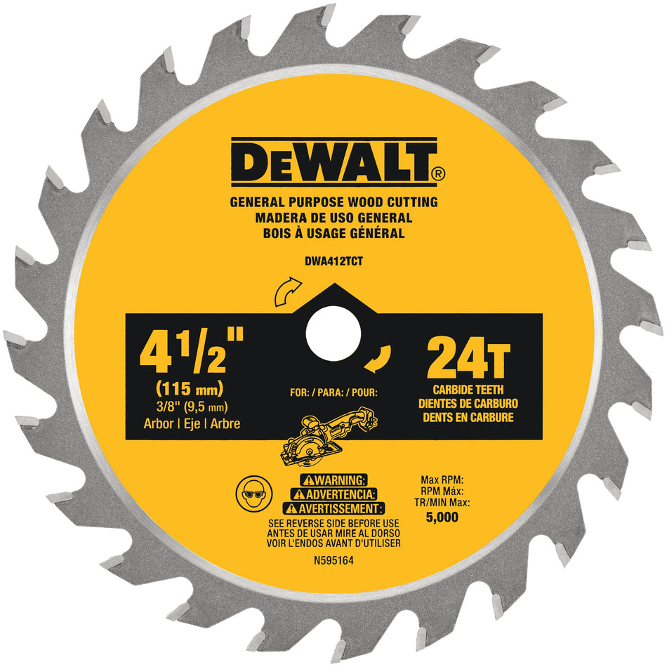 DeWALT® ATOMIC DWA412TCT Saw Blade, 4-1/2 in Dia, 4-1/2 in W Cut, ATB, Precision Ground Teeth, 24-Teeth