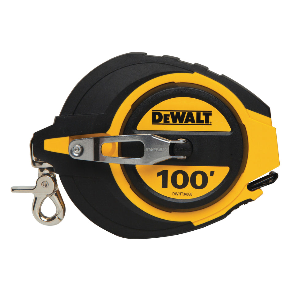 DeWALT® DWHT34036 Long Tape Measure, 100 ft L Blade, 1/8 in Graduation, Steel Blade, Push Button Locking, Manual Rewind