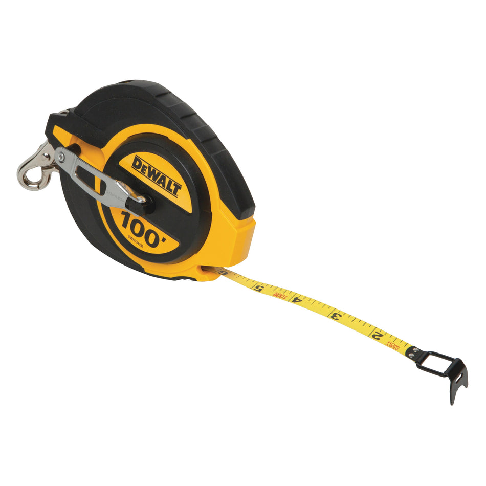 DeWALT® DWHT34036 Long Tape Measure, 100 ft L Blade, 1/8 in Graduation, Steel Blade, Push Button Locking, Manual Rewind