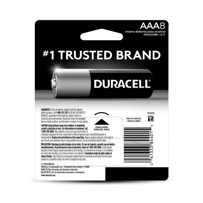 DURACELL® MN2400B8Z Battery, Alkaline, AAA, 1.15 Ah, 1.5 V Nominal, Non-Rechargeable