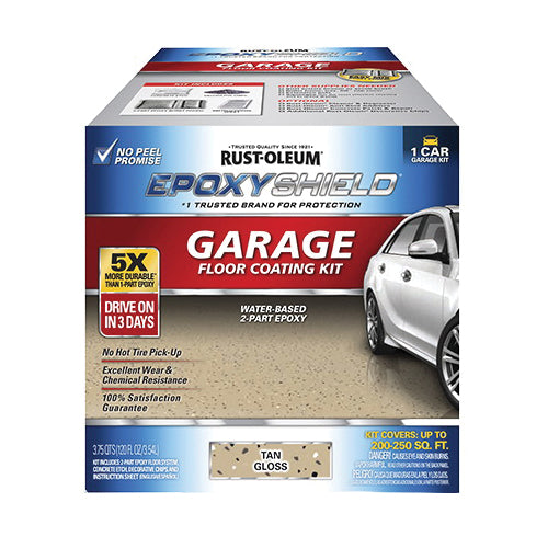 EPOXYSHIELD® 251966 Garage Floor Coating Kit, Water Base, Gloss, Tan, Part A: 77 g/L, Part B: 0 g/L VOC, 200 to 250 sq-ft Coverage Area, 120 fl-oz