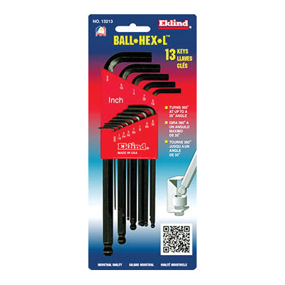 Eklind® 13213 Ball-Hex-L Key Set With Holder, System of Measurement: Imperial, L Key, Alloy Steel, Black Oxide