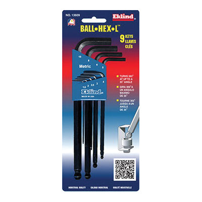 Eklind® 13609 Ball-Hex-L Key Set, System of Measurement: Metric, L Key, Alloy Steel, Black Oxide, 9 -Piece