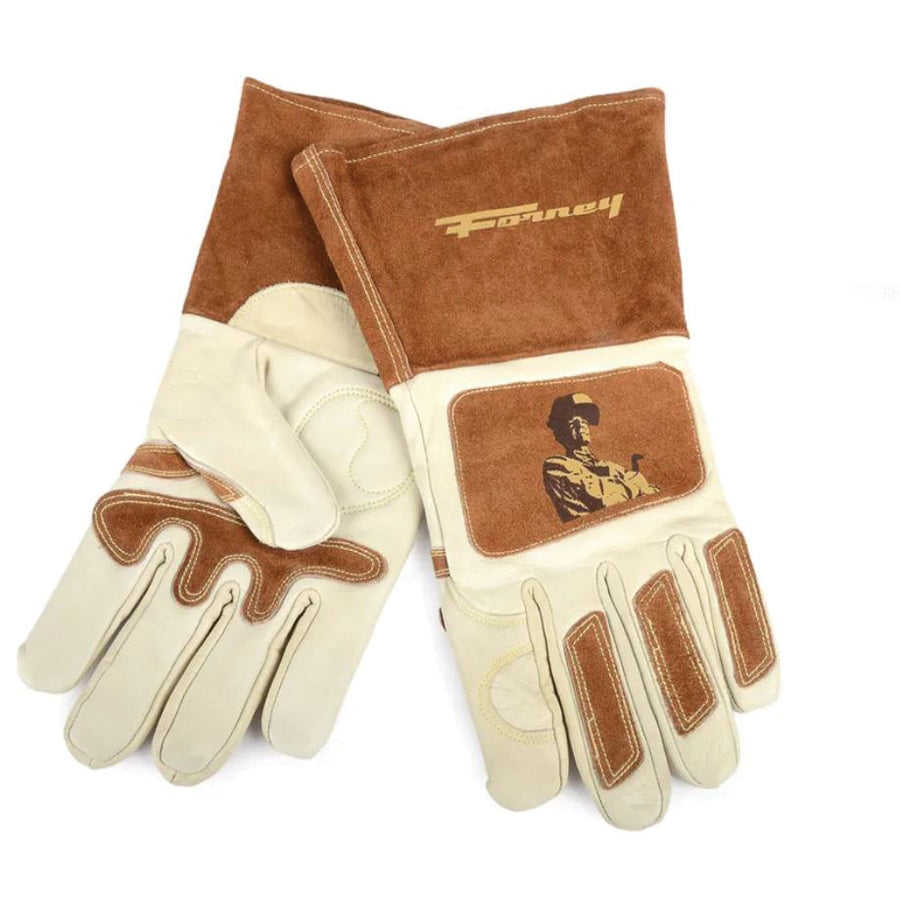 Forney® 53410 Signature Welding Gloves, Men's, L, Wing Thumb, Safety Cuff, Synthetic Fabric Glove, Brown/White Glove