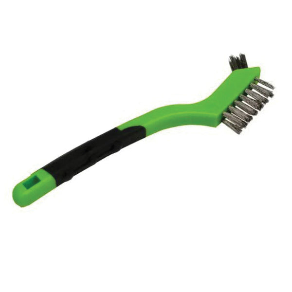 Forney® 70525 Dual Head Scratch Brush, 7-3/4 in OAL, 3 x 7 -Row, Stainless Steel Bristle, Black/Green