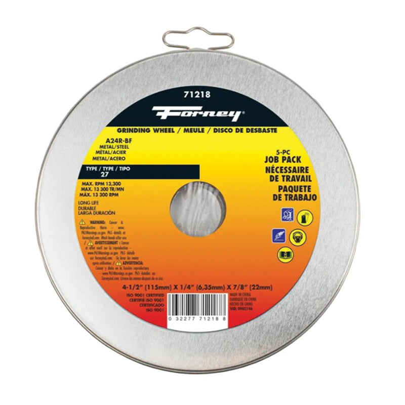 Forney® 71218 Grinding Wheel, Type 27 Wheel, 4-1/2 in Dia, 1/4 in Thick, 7/8 in Arbor, Aluminum Oxide Abrasive