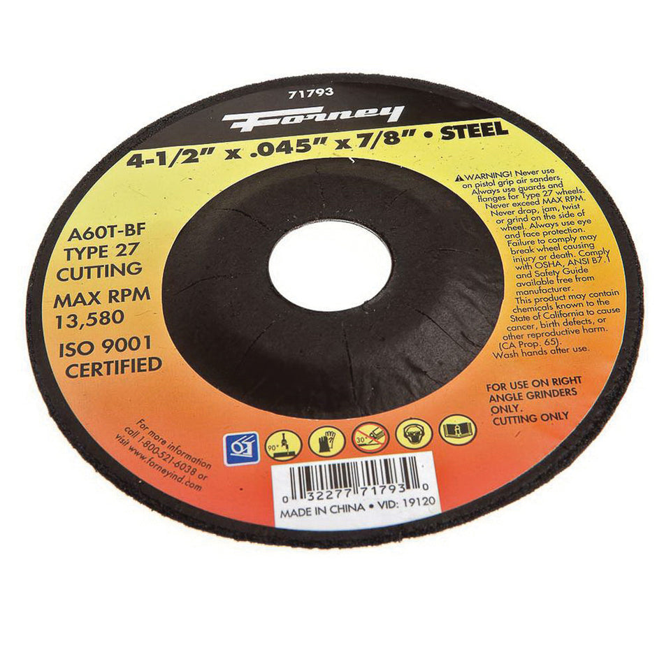 Forney® 71793 Cut-Off Wheel, Type 27 Wheel, 4-1/2 in Dia, 0.045 in Thick, 7/8 in Arbor, 60 Grit, Medium Grit