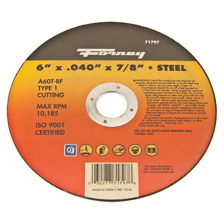 Forney® 71797 Cut-Off Wheel, Type 1 Wheel, 6 in Dia, 0.04 in Thick, 7/8 in Arbor, 60 Grit, Medium Grit