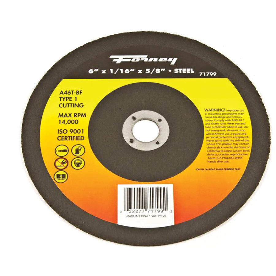 Forney® 71799 Cut-Off Wheel, Type 1 Wheel, 6 in Dia, 1/16 in Thick, 5/8 in Arbor, 46 Grit, Medium Grit