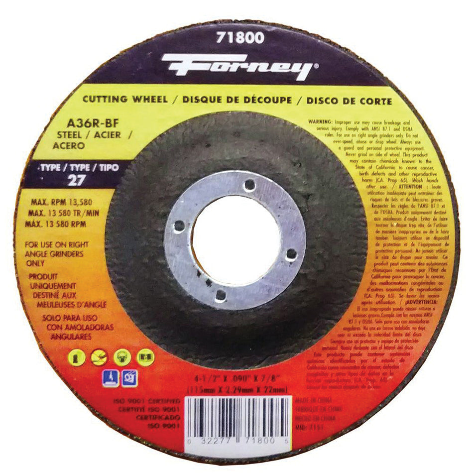 Forney® 71800 Cut-Off Wheel, Type 27 Wheel, 4-1/2 in Dia, 0.09 in Thick, 7/8 in Arbor, 36 Grit, Medium Grit