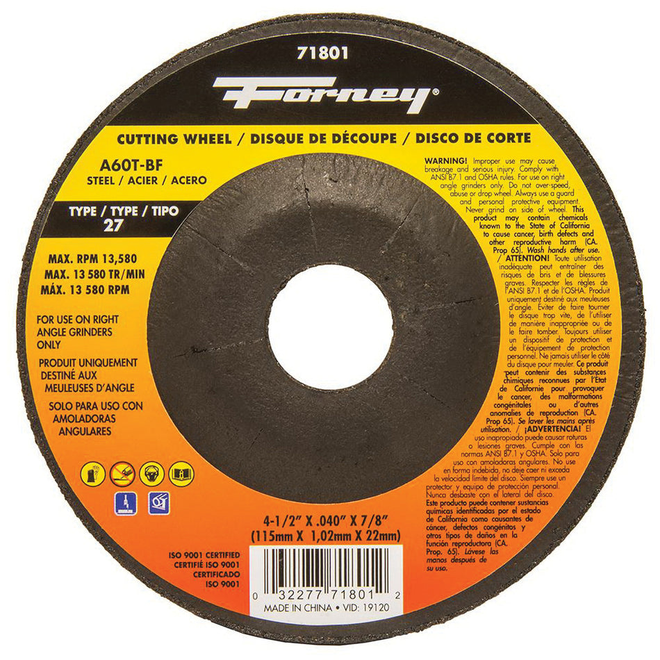 Forney® 71801 Cut-Off Wheel, Type 27 Wheel, 4-1/2 in Dia, 0.04 in Thick, 7/8 in Arbor, 60 Grit, Medium Grit