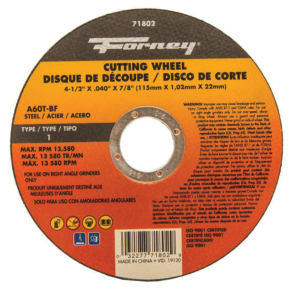 Forney® 71802 Cut-Off Wheel, Type 1 Wheel, 4-1/2 in Dia, 0.04 in Thick, 7/8 in Arbor, 60 Grit, Medium Grit