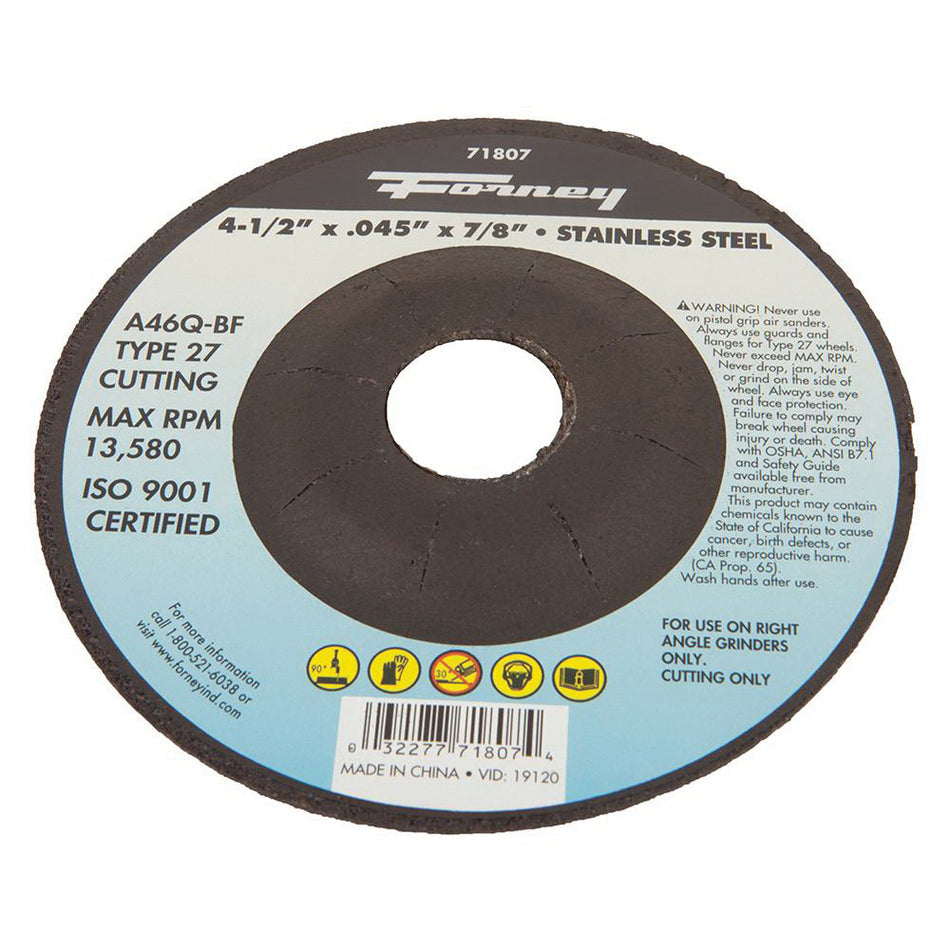 Forney® 71807 Cut-Off Wheel, Type 27 Wheel, 4-1/2 in Dia, 0.045 in Thick, 7/8 in Arbor, 46 Grit, Medium Grit