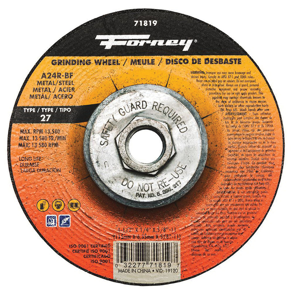 Forney® 71819 Grinding Wheel, Type 27 Wheel, 4-1/2 in Dia, 1/4 in Thick, 5/8-11 Arbor, Aluminum Oxide Abrasive