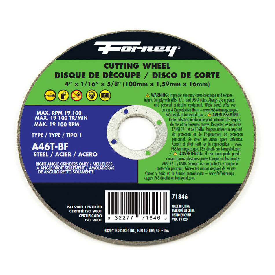 Forney® 71846 Cut-Off Wheel, Type 1 Wheel, 4 in Dia, 1/16 in Thick, 5/8 in Arbor, 46 Grit, Medium Grit