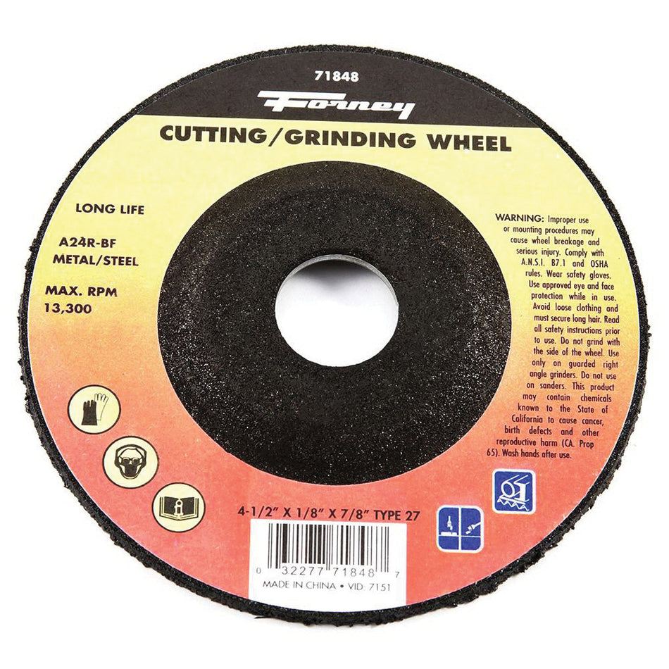 Forney® 71848 Cut-Off Wheel, Type 27 Wheel, 4-1/2 in Dia, 1/8 in Thick, 7/8 in Arbor, 24 Grit, Coarse Grit