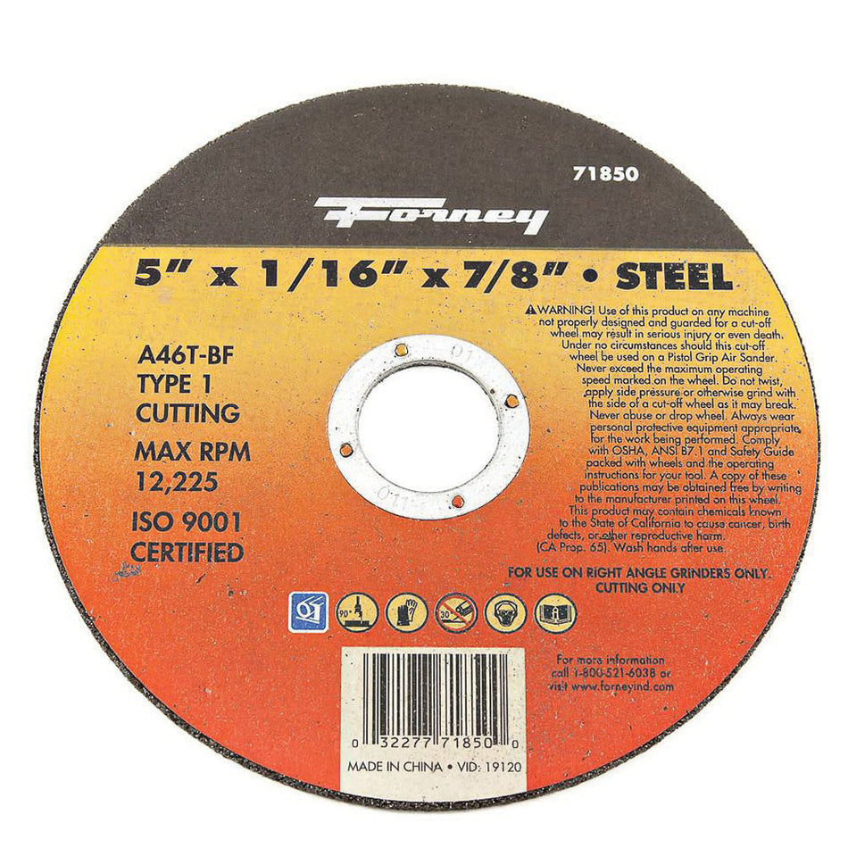 Forney® 71850 Cut-Off Wheel, Type 1 Wheel, 5 in Dia, 1/16 in Thick, 7/8 in Arbor, 46 Grit, Medium Grit