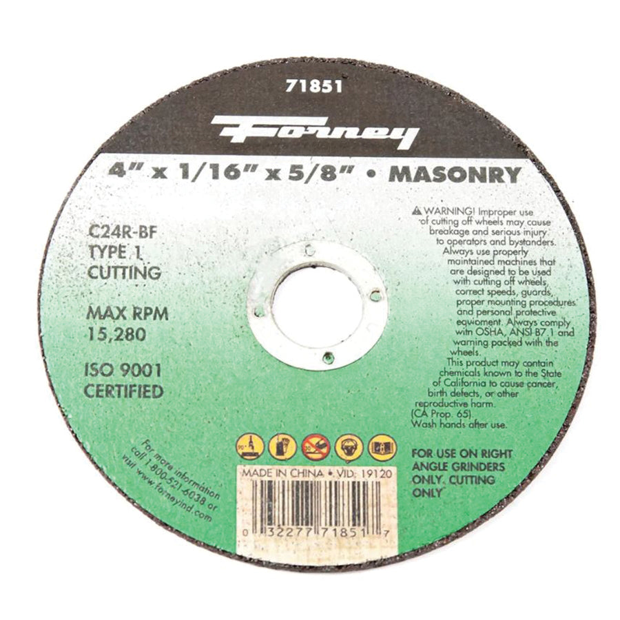 Forney® 71851 Cutting Wheel, Type 1 Wheel, 4 in Dia, 1/16 in Thick, 5/8 in Arbor, 24 Grit, Coarse Grit