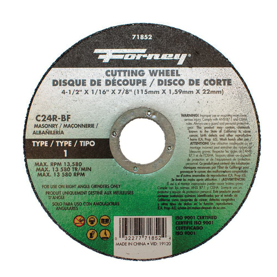 Forney® 71852 Cutting Wheel, Type 1 Wheel, 4-1/2 in Dia, 1/16 in Thick, 7/8 in Arbor, 24 Grit, Coarse Grit