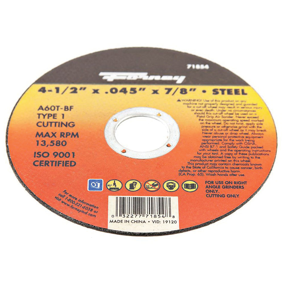 Forney® 71854 Cut-Off Wheel, Type 1 Wheel, 4-1/2 in Dia, 0.045 in Thick, 7/8 in Arbor, 60 Grit, Medium Grit