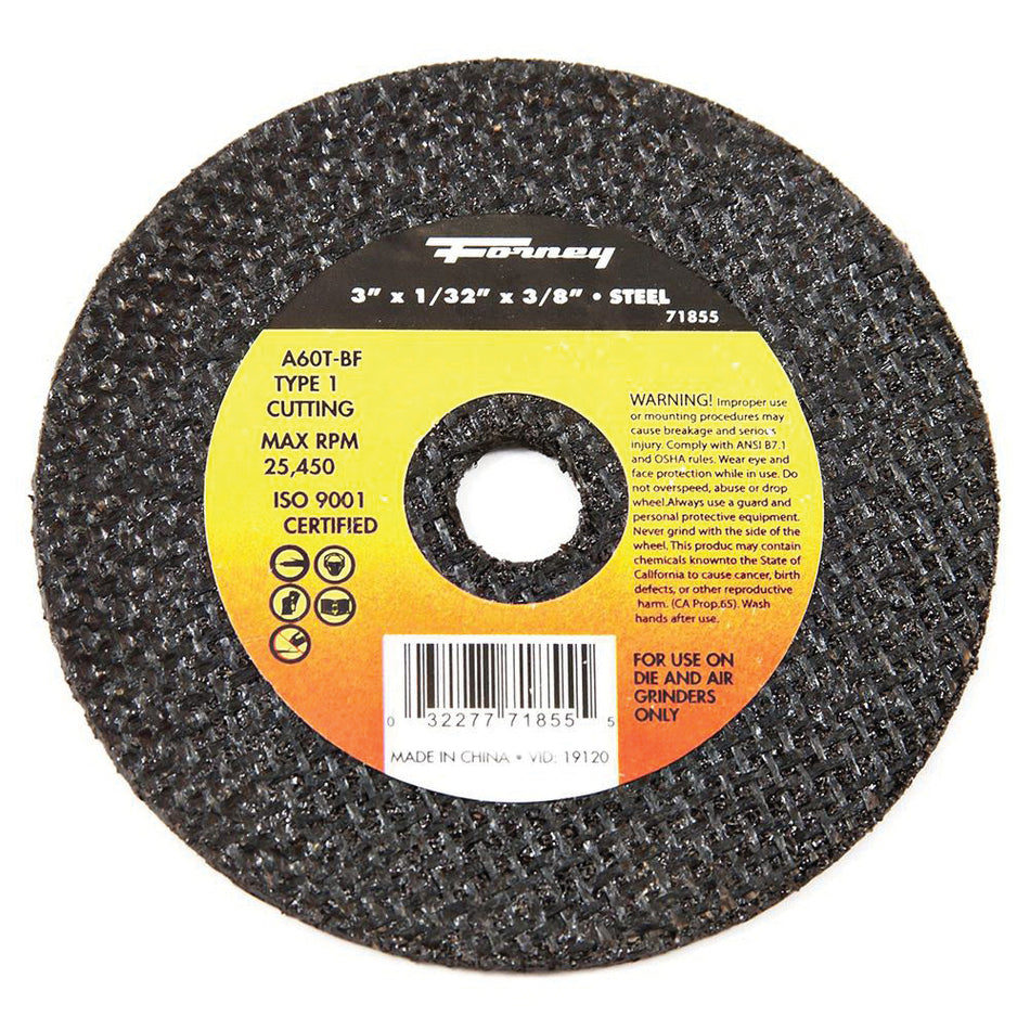 Forney® 71855 Cut-Off Wheel, Type 1 Wheel, 3 in Dia, 1/32 in Thick, 3/8 in Arbor, 60 Grit, Medium Grit