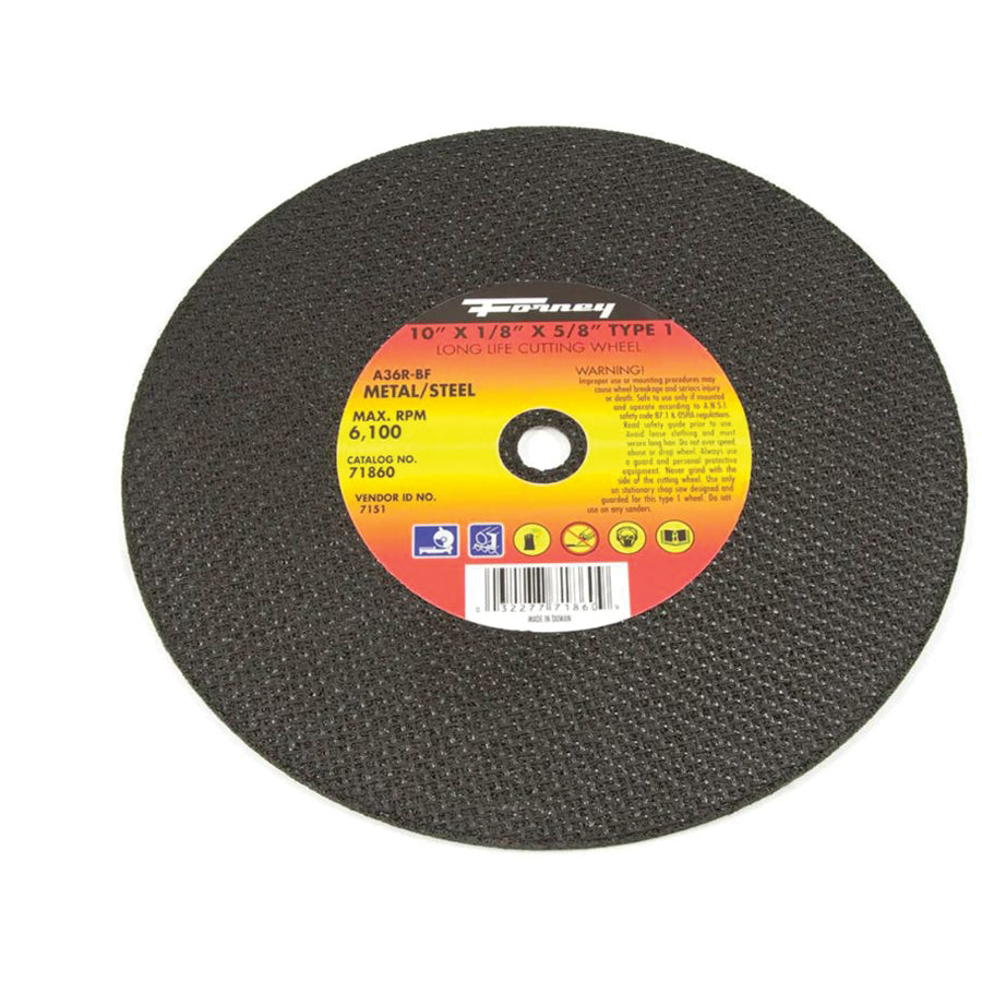 Forney® 71860 Cutting Wheel, Type 1 Wheel, 10 in Dia, 1/8 in Thick, 5/8 in Arbor, 36 Grit, Medium Grit