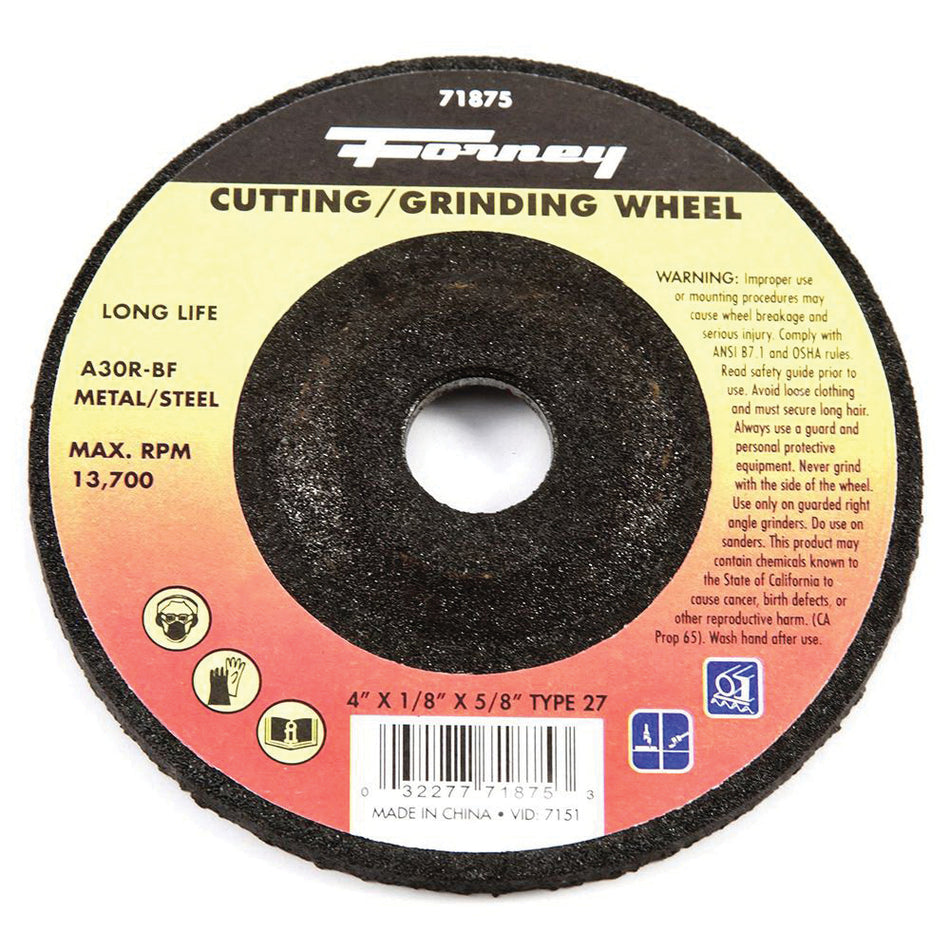 Forney® 71875 Grinding Wheel, Type 27 Wheel, 4 in Dia, 1/8 in Thick, 5/8 in Arbor, Aluminum Oxide Abrasive