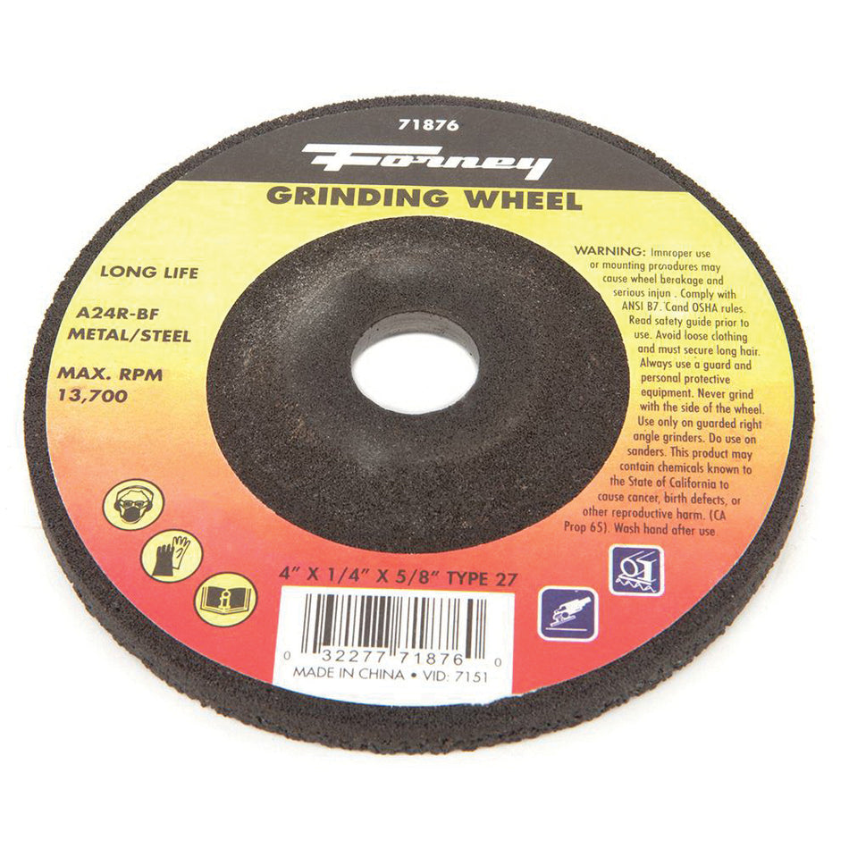 Forney® 71876 Grinding Wheel, Type 27 Wheel, 4 in Dia, 1/4 in Thick, 5/8 in Arbor, Aluminum Oxide Abrasive