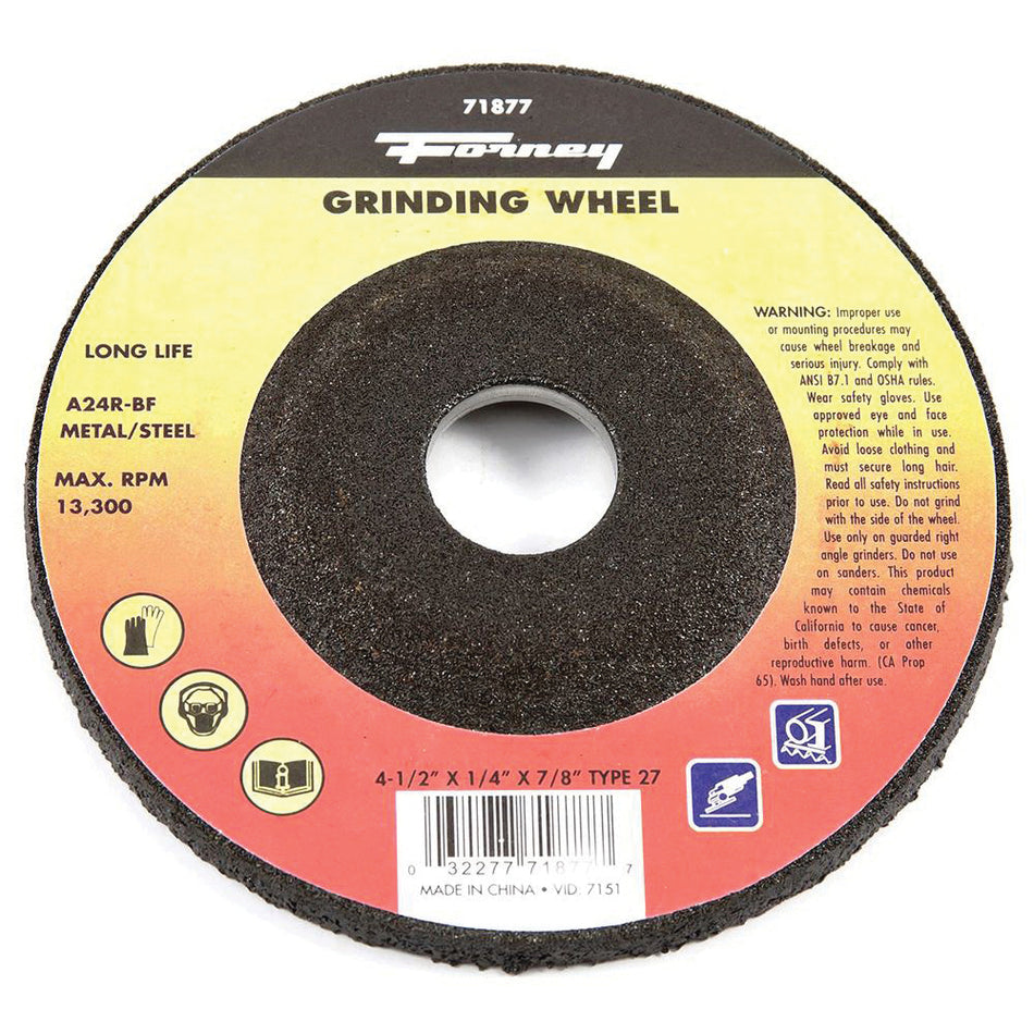 Forney® 71877 Grinding Wheel, Type 27 Wheel, 4-1/2 in Dia, 1/4 in Thick, 7/8 in Arbor, Aluminum Oxide Abrasive