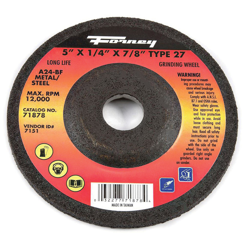 Forney® 71878 Grinding Wheel, Type 27 Wheel, 5 in Dia, 1/4 in Thick, 7/8 in Arbor, Aluminum Oxide Abrasive