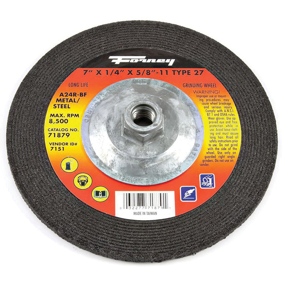 Forney® 71879 Grinding Wheel, Type 27 Wheel, 7 in Dia, 1/4 in Thick, 5/8-11 Arbor, Aluminum Oxide Abrasive