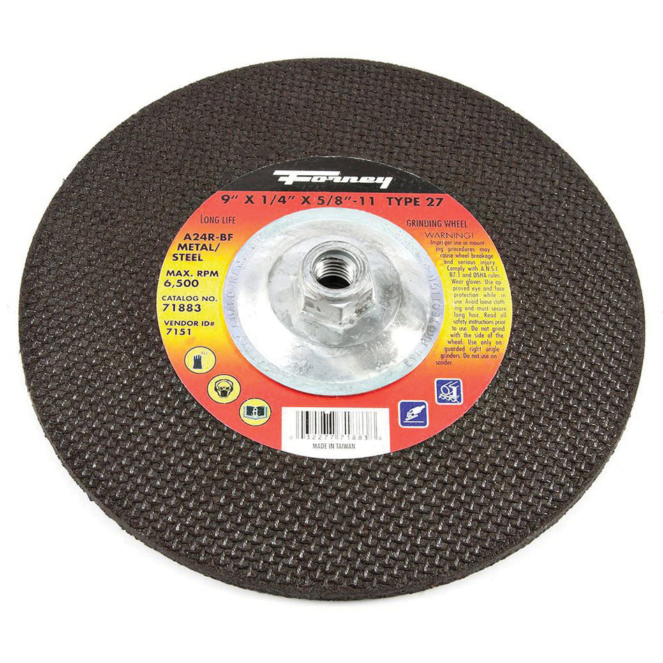 Forney® 71883 Grinding Wheel, Type 27 Wheel, 9 in Dia, 1/4 in Thick, 5/8-11 Arbor, Aluminum Oxide Abrasive