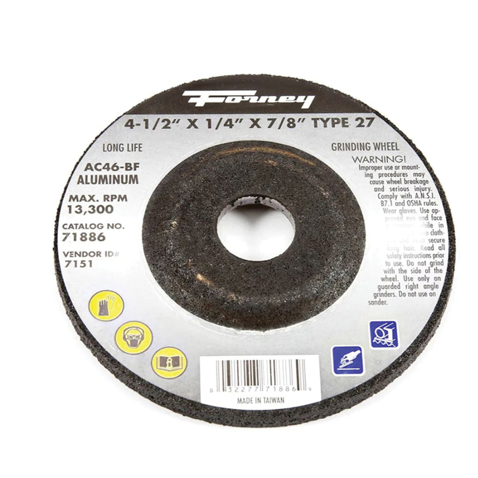 Forney® 71886 Depressed Center Grinding Wheel, Type 27 Wheel, 4-1/2 in Dia, 1/4 in Thick, 7/8 in Arbor