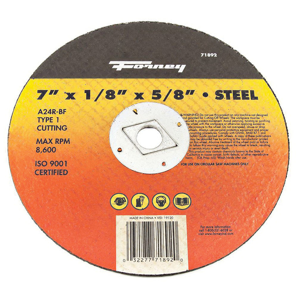 Forney® 71892 Cut-Off Wheel, Type 1 Wheel, 7 in Dia, 1/8 in Thick, 5/8 in Arbor, 24 Grit, Coarse Grit