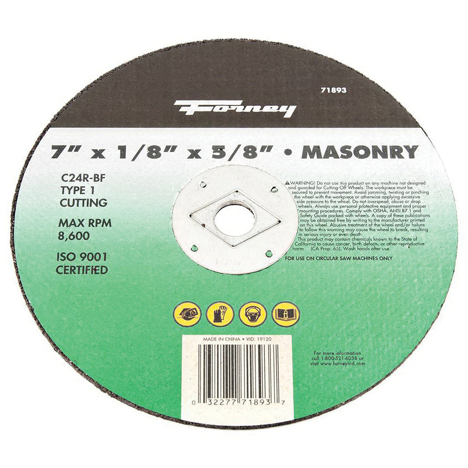 Forney® 71893 Cutting Wheel, Type 1 Wheel, 7 in Dia, 1/8 in Thick, 5/8 in Arbor, 24 Grit, Coarse Grit