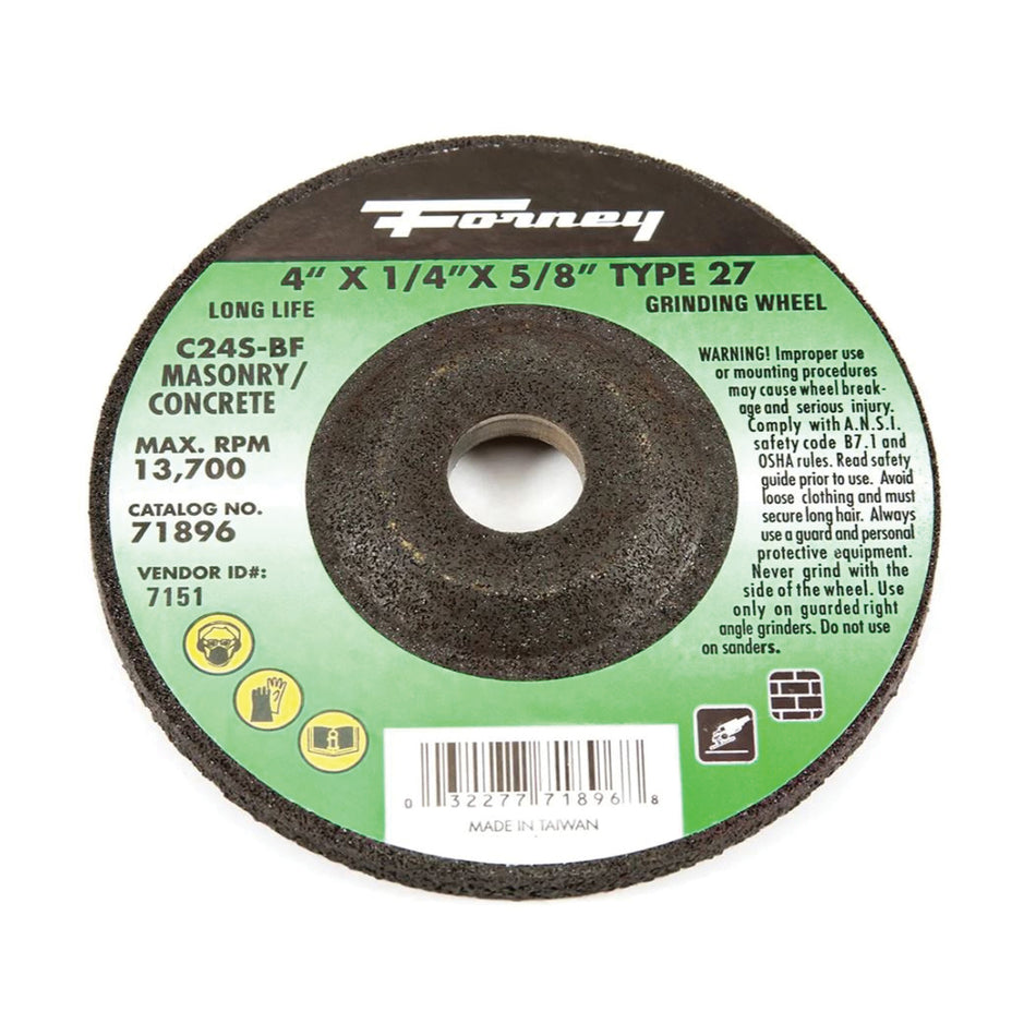 Forney® 71896 Depressed Center Grinding Wheel, Type 27 Wheel, 4 in Dia, 1/4 in Thick, 5/8 in Arbor