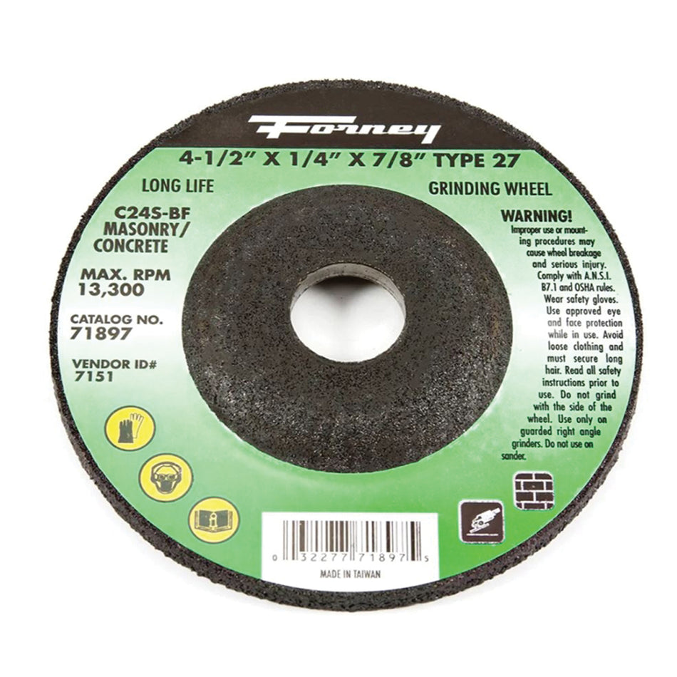 Forney® 71897 Depressed Center Grinding Wheel, Type 27 Wheel, 4-1/2 in Dia, 1/4 in Thick, 7/8 in Arbor, 24 Grit