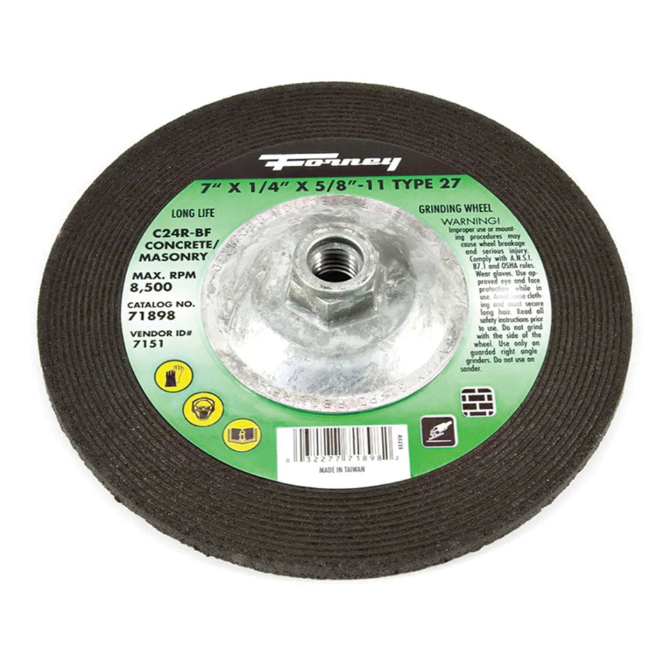 Forney® 71898 Depressed Center Grinding Wheel, Type 27 Wheel, 7 in Dia, 1/4 in Thick, 5/8 in Arbor