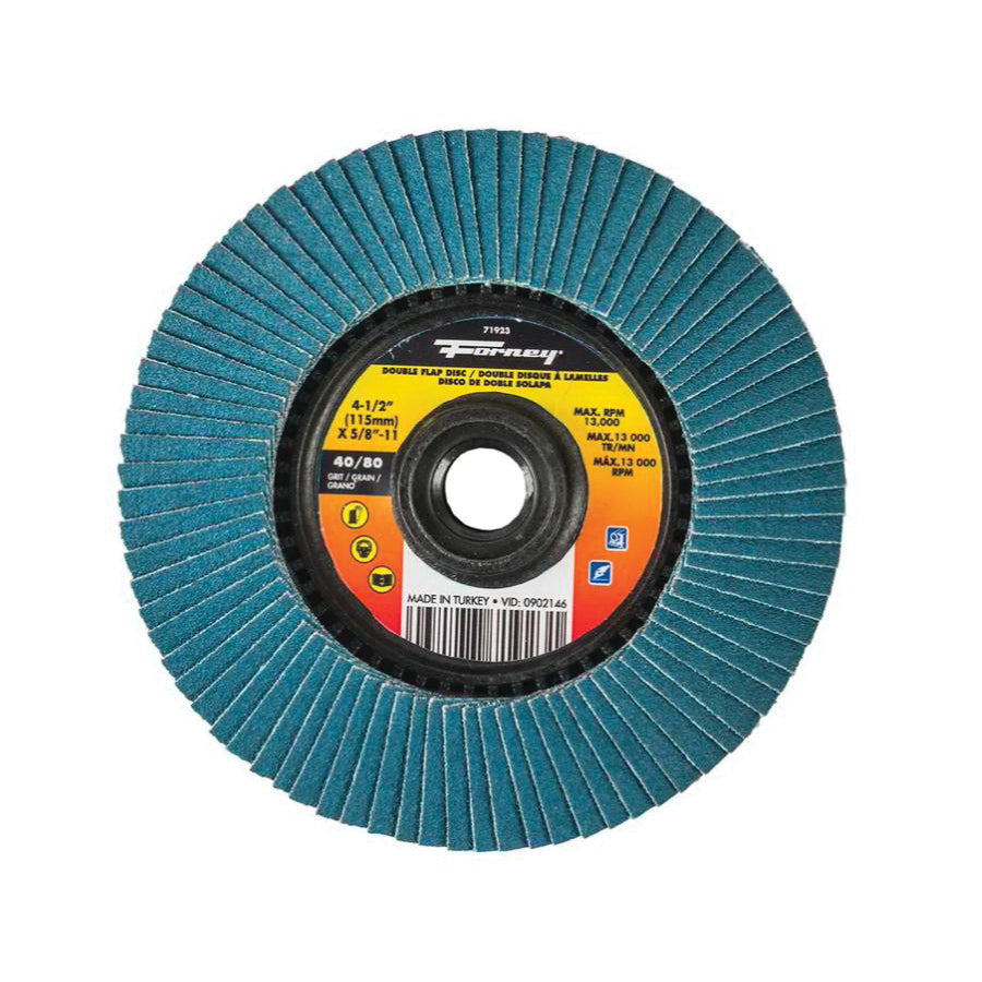 Forney® 71923 Double-Sided Flap Disc, Type 29 Disc, 4-1/2 in Dia, 40, 80 Grit, Coarse to Fine Grit, Zirconia Abrasive