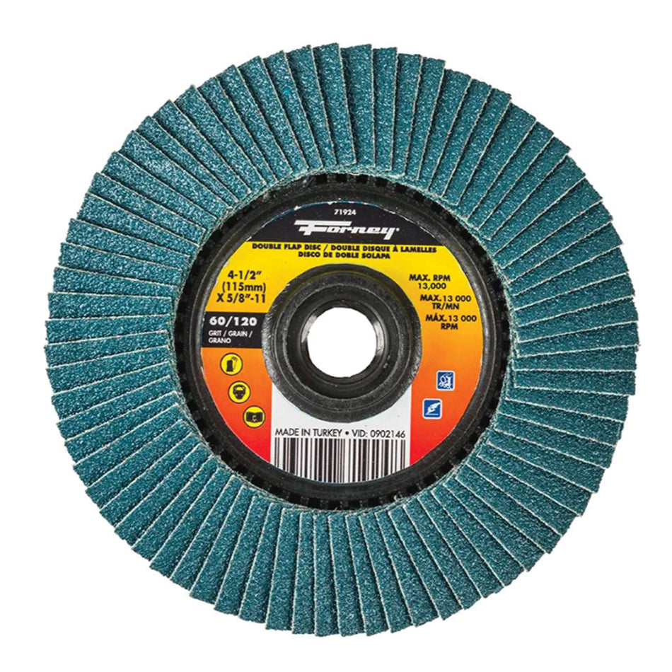 Forney® 71924 Double-Sided Flap Disc, Type 29 Disc, 4-1/2 in Dia, 5/8-11 Center Hole, 60, 120 Grit, Fine, Medium Grit