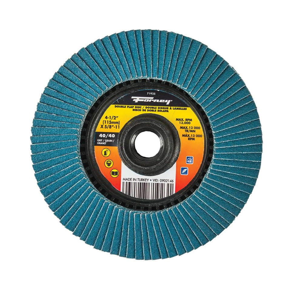 Forney® 71925 Double-Sided Flap Disc, Type 29 Disc, 4-1/2 in Dia, 5/8-11 Center Hole, 40 Grit, Coarse Grit