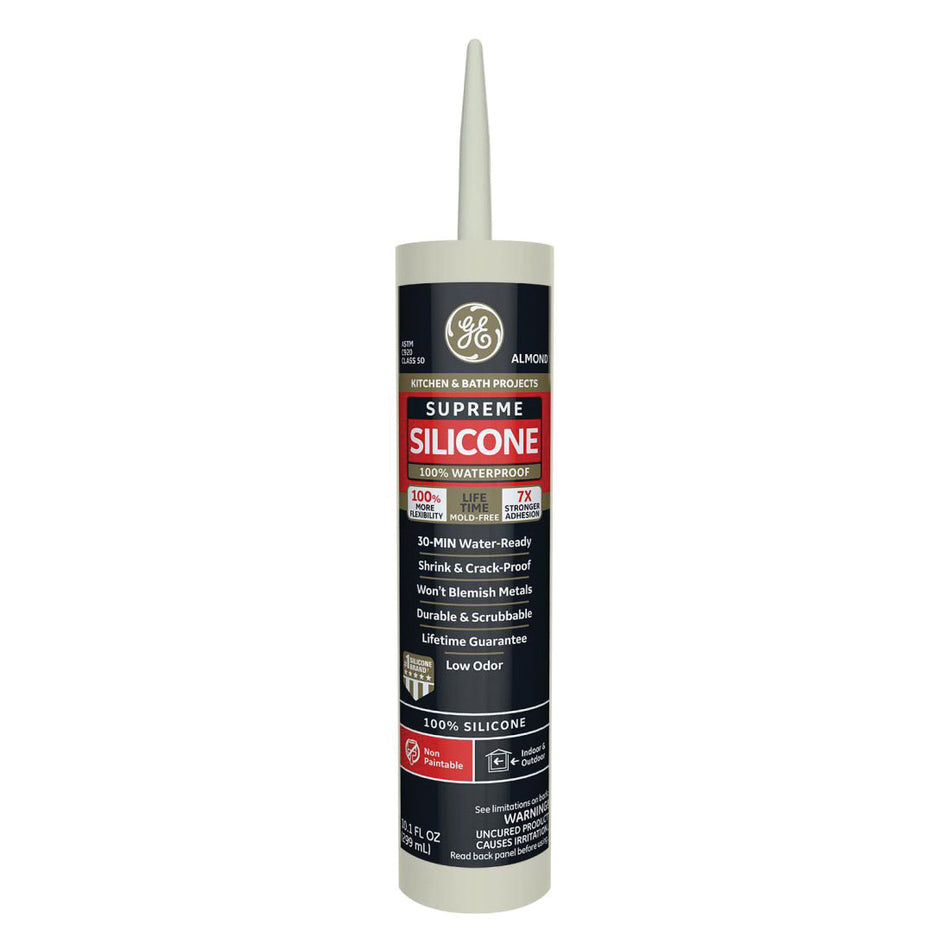 GE Sealants M90007 Supreme Silicone Kitchen and Bath Sealant, Paste, White, 24 hr Curing, 10.1 fl-oz