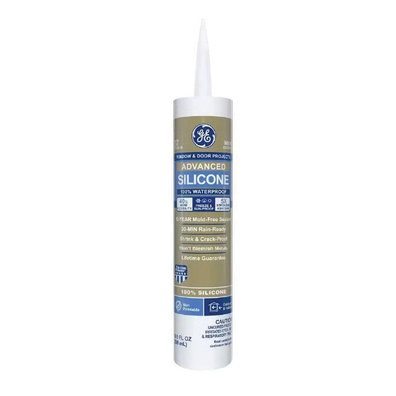 GE Sealants Silicone 2® 2811093 Window and Door Sealant, Solid, White, Light Ammonia, 24 hr Curing, 10.1 oz, Cartridge