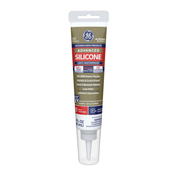 GE Sealants Advanced Silicone 2® GE286 Kitchen and Bath Sealant, Paste, Almond, Light Ammonia, Silicone Base, 2.8 oz