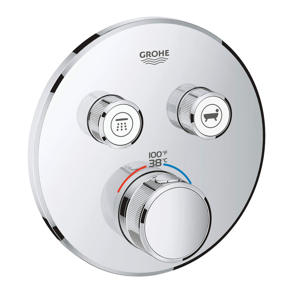 GROHE 29137000 Round Valve Trim, Knob, Pushbutton Handle, 3-Handle, Metal, Chrome