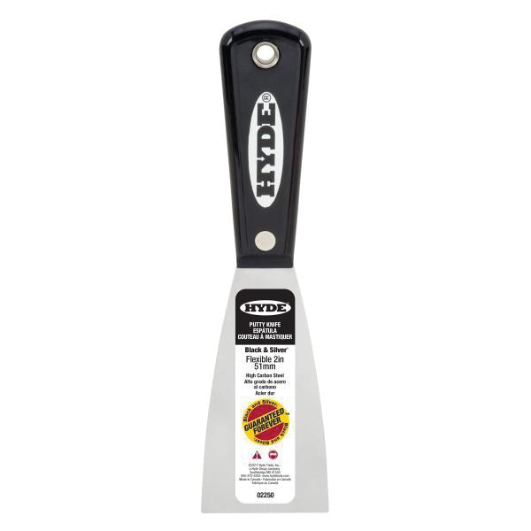 HYDE® Black & Silver® 02250 Flexible Putty Knife, 2 in W Blade, High Carbon Steel Blade, Nylon Handle