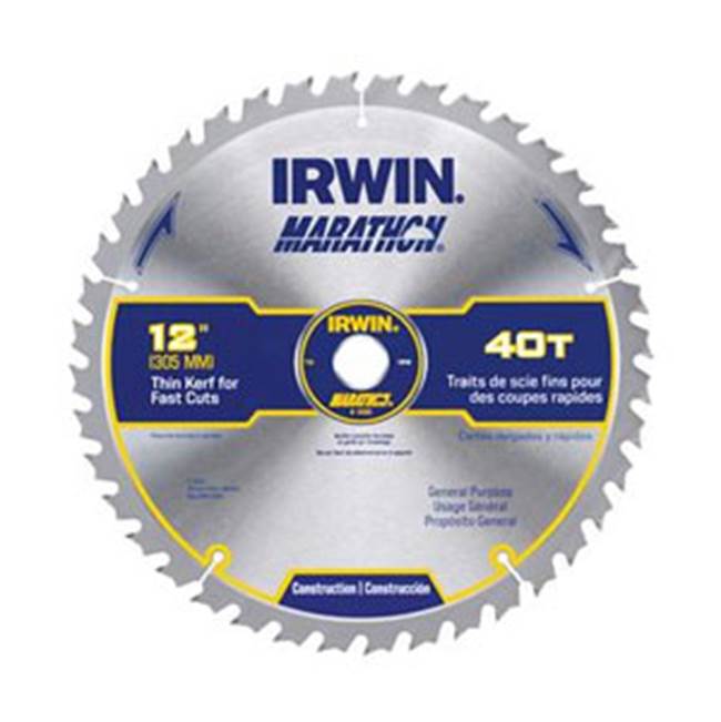 IRWIN® MARATHON® Construction Series 14080 Miter/Table Saw Blade, 12 in Dia, 1 in Arbor Hole, 40 -Teeth, Carbide Tip