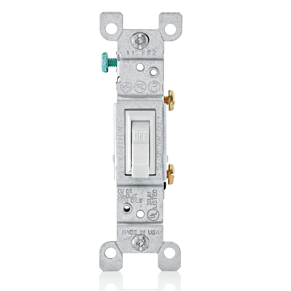 Leviton® 1451-2W Grounding AC Quiet Toggle Switch, 120 VAC, 15 A, 1/2 hp